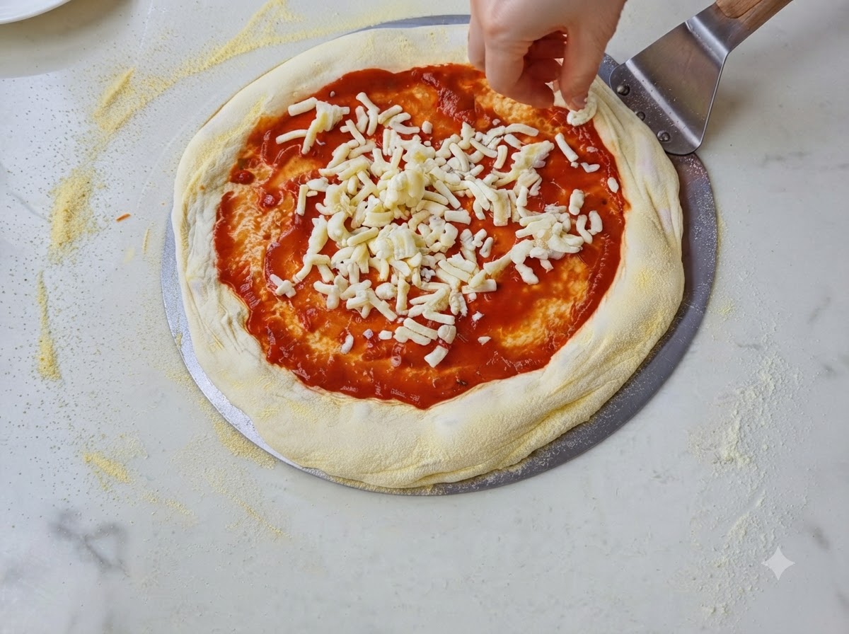 Hände drücken den Pizzateig von der Mitte nach außen, wobei der Rand dick bleibt.