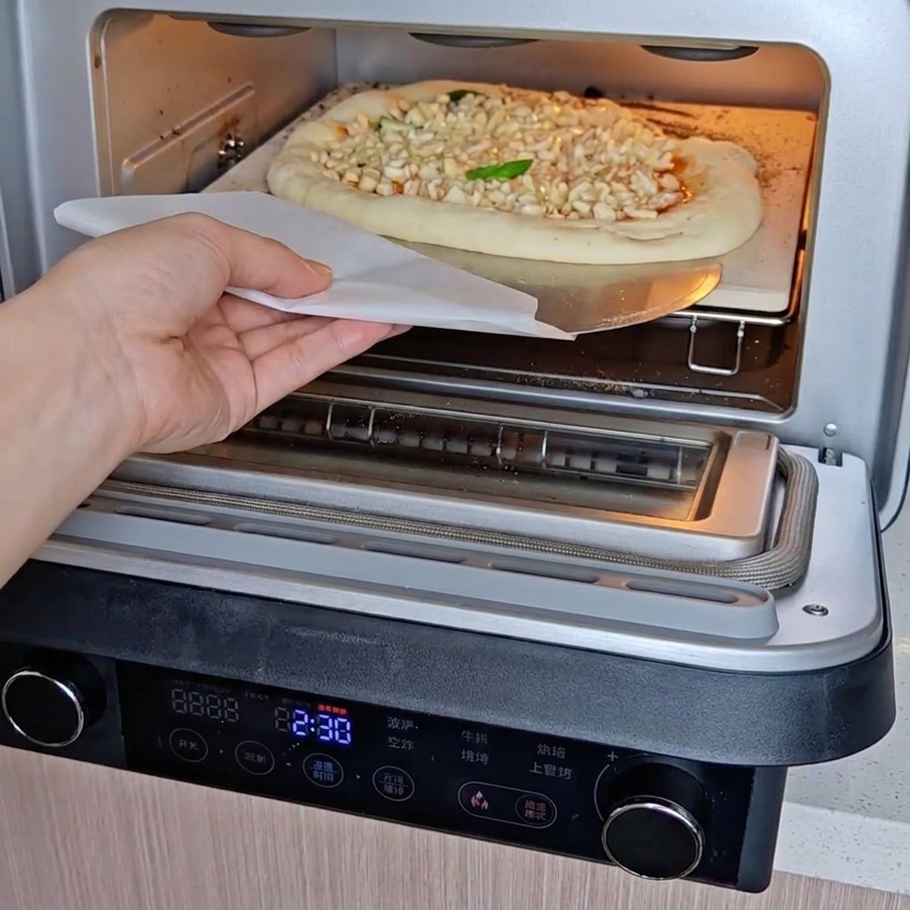 Italienische Tomatensauce wird auf die Mitte eines gedehnten Pizzateigs gelöffelt und verteilt.