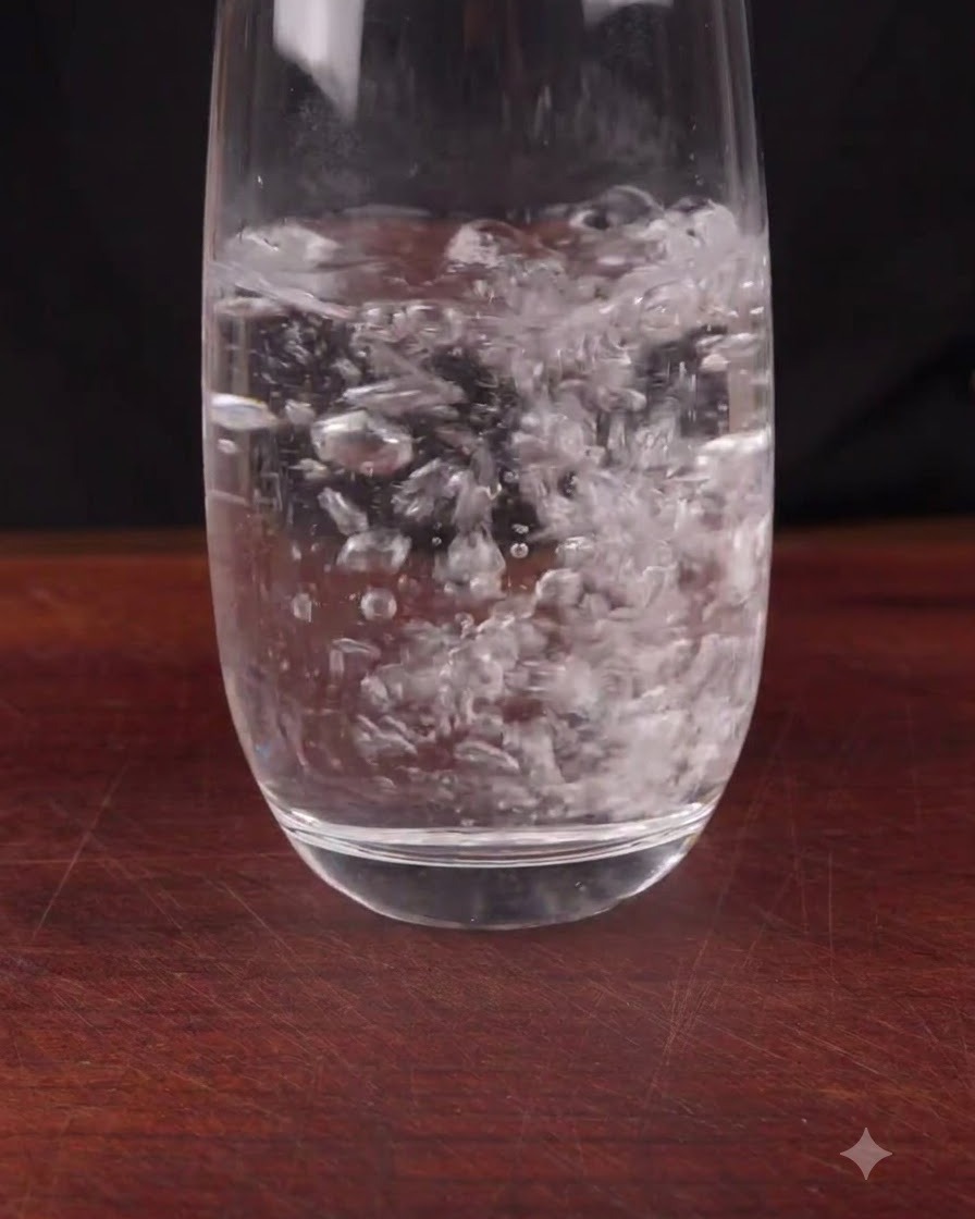 Ein stetiger Strahl warmen Wassers gießt sich in ein klares Glas auf einer Holztischplatte.