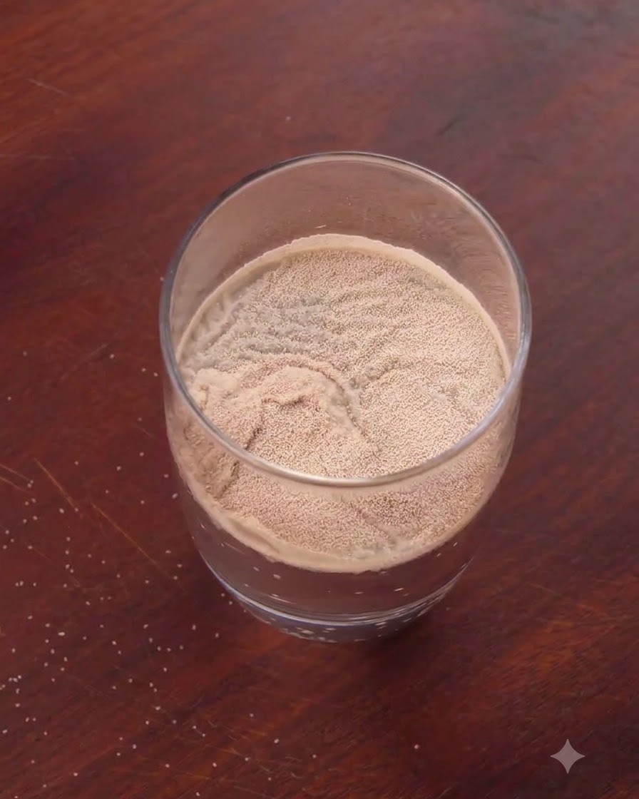 Granulierter weißer Zucker und Trockenhefe oben auf dem Wasser in einem klaren Glas.