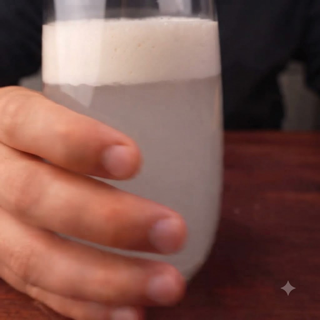 Schaumige, aktivierte Hefemischung wird aus einem Glas in eine Rührschüssel mit weißem Mehl gegossen.