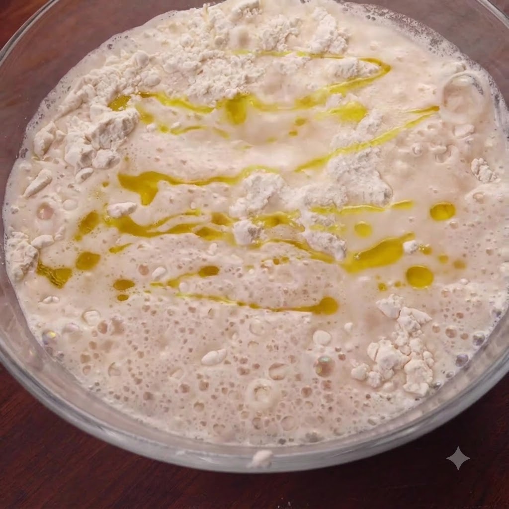 Goldenes Olivenöl wird über die Oberfläche der feuchten Mehlmischung in einer Glas schüssel geträufelt.