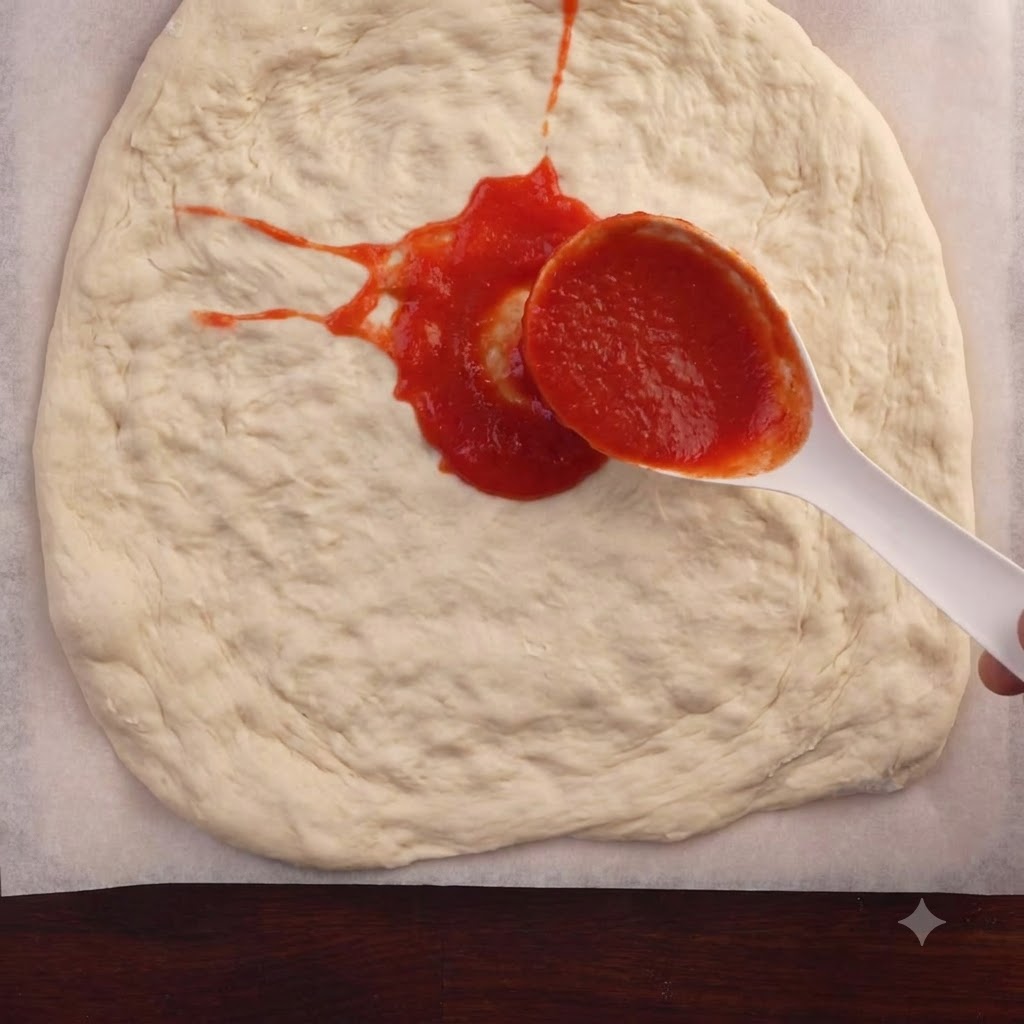 Ein Löffel gibt hellrote Tomatensoße auf die Mitte eines runden Pizzateigs auf Backpapier.