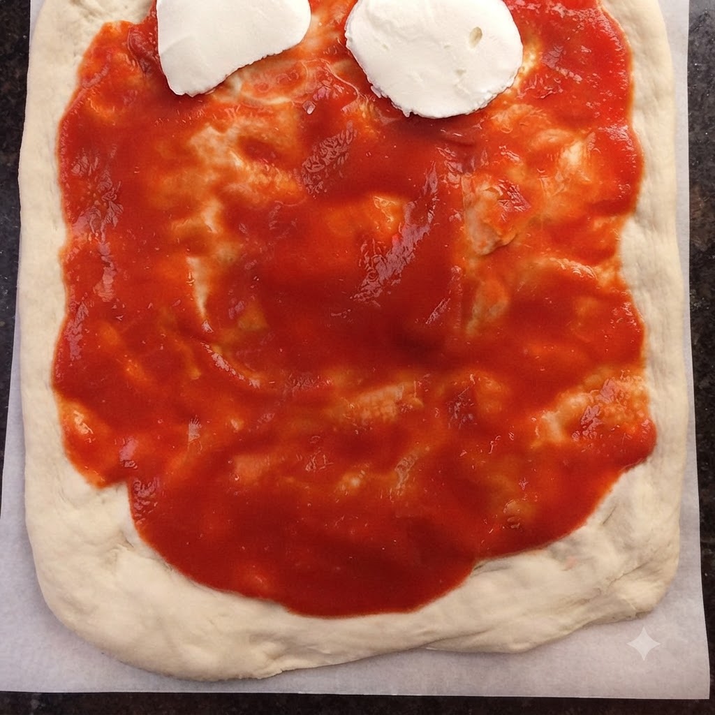 Scheiben aus weißem Mozzarella-Käse werden auf einer roten Tomatensoßengrundlage auf dem Pizzateig arrangiert.