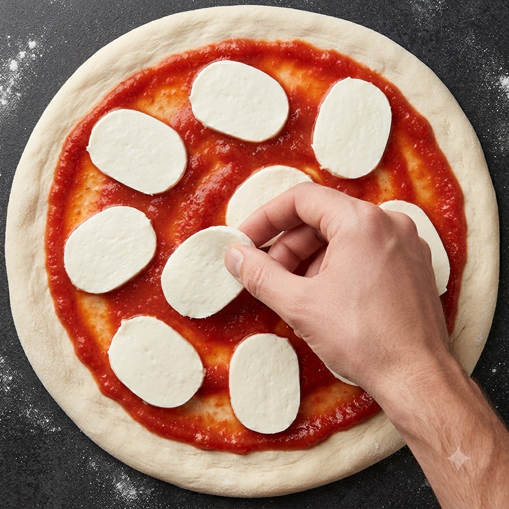 Eine Hand legt eine Scheibe Mozzarella-Käse auf einen runden Pizzaboden mit Tomatensoße.