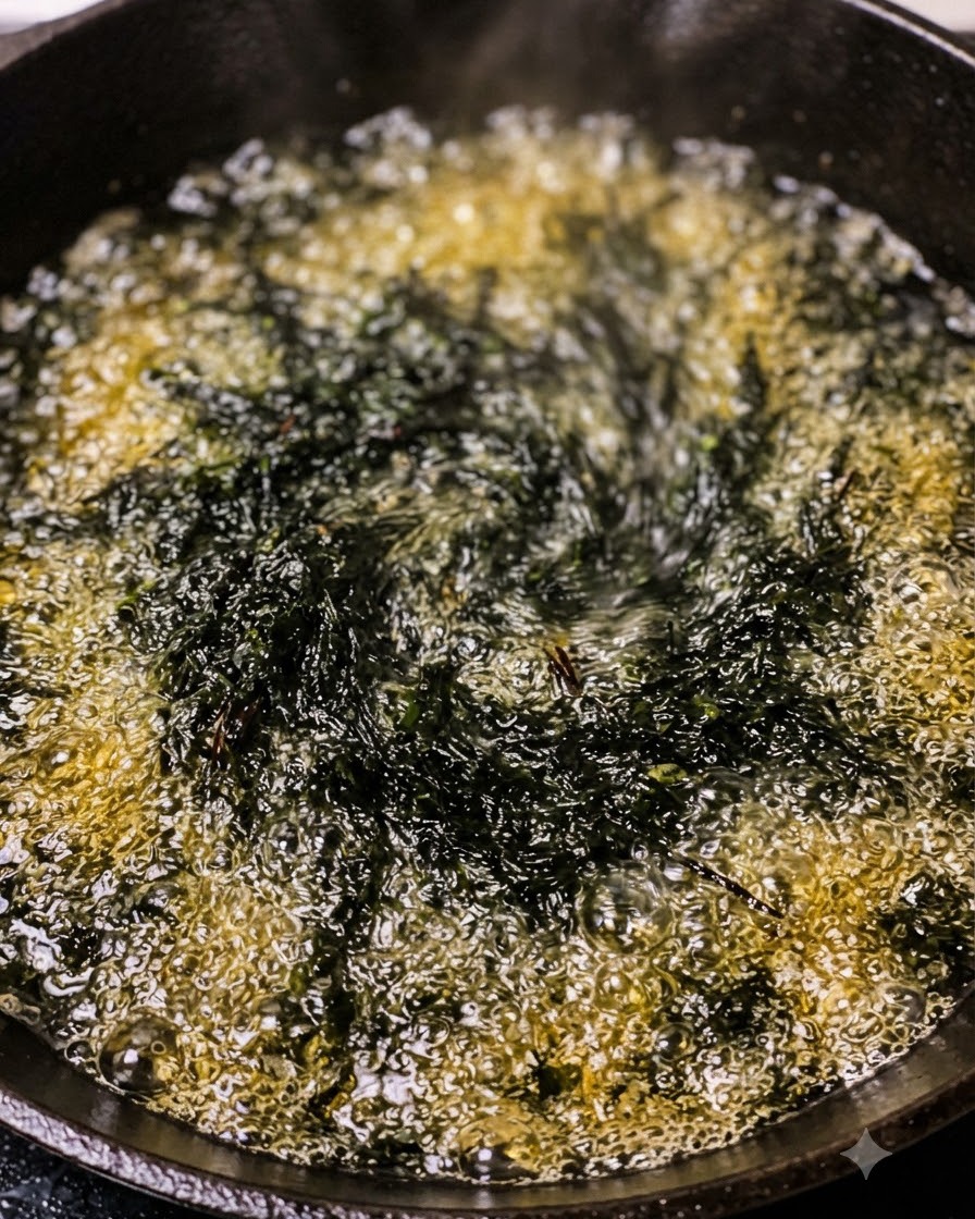 Nahaufnahme von Gewürzen und aromatischen Zutaten, die in Öl in einer Pfanne blubbern und braten.