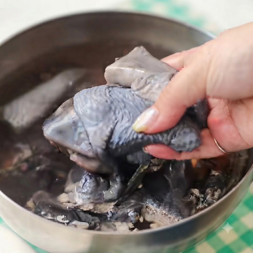 Rohe schwarzschäbige Hühnerstücke, die in einer Metallschüssel abtropfen.