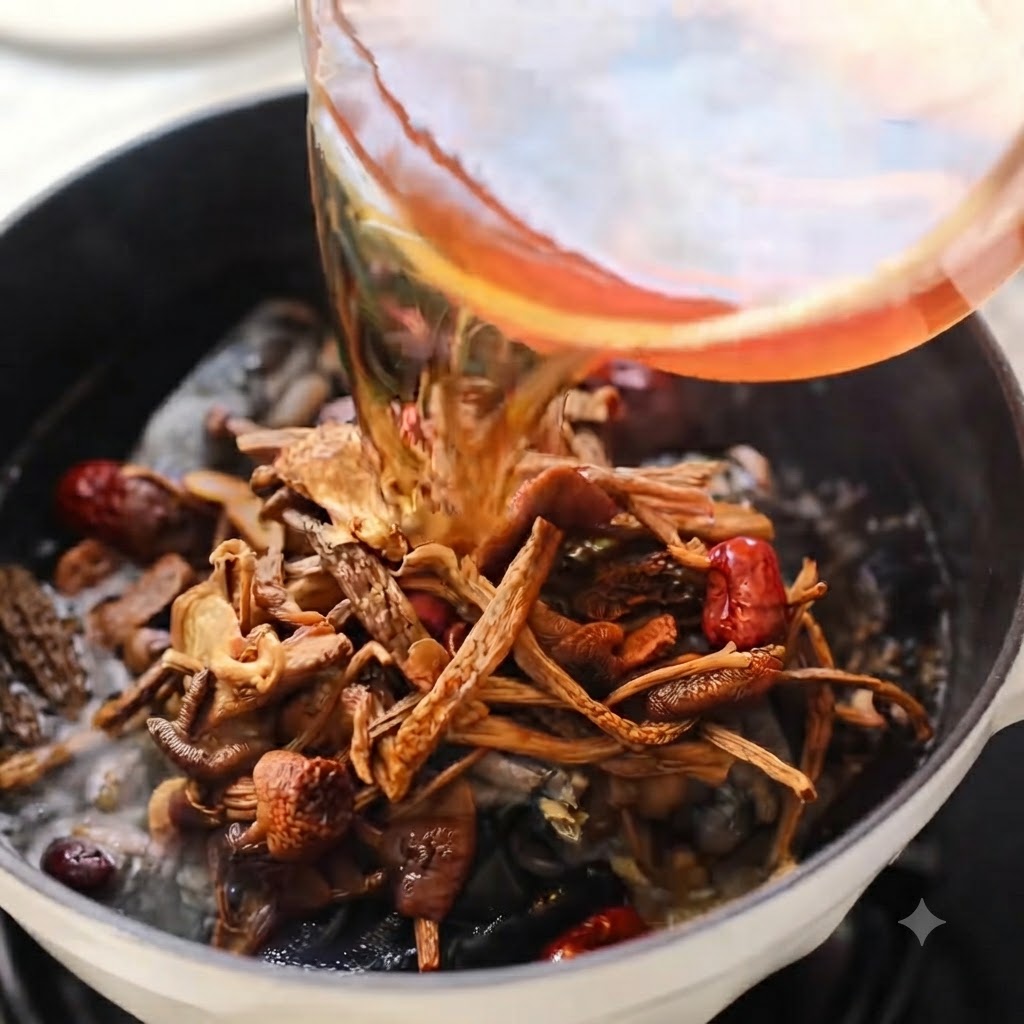 Eingeweichte Pilze und rote Datteln werden in den Topf mit dem Huhn gegeben.