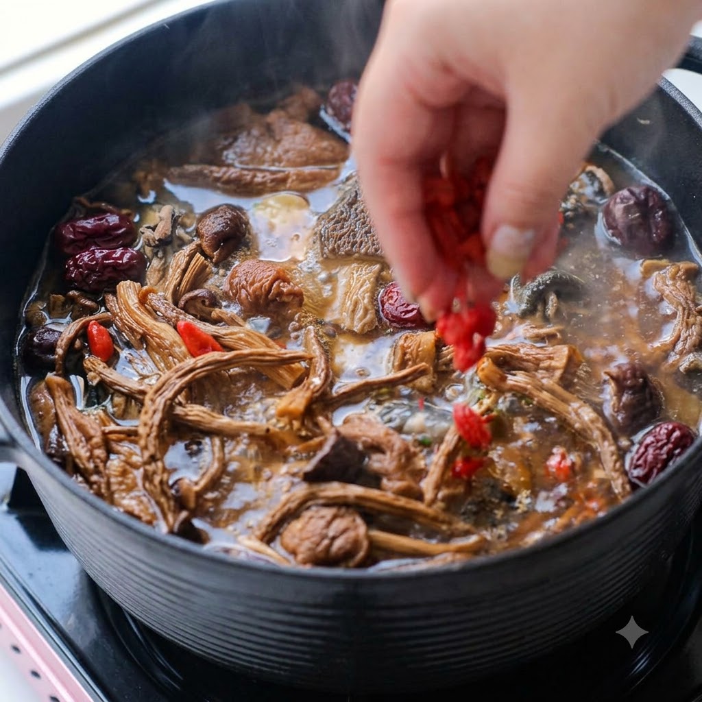Gojibeeren werden in den blubbernden Suppentopf geworfen.