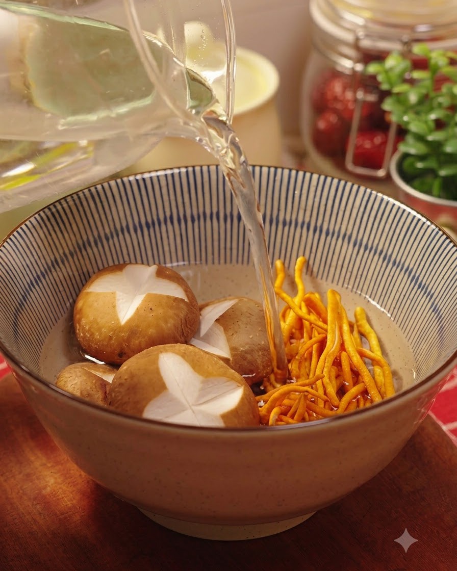 Warmes Wasser wird aus einer Glaskaraffe in eine Schüssel mit Shiitake-Pilzen und Cordyceps-Blüten gegossen.