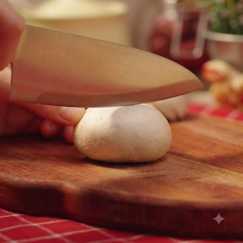 Ein Küchenmesser schneidet weiße Champignons auf einem Holzschneidebrett in Scheiben.