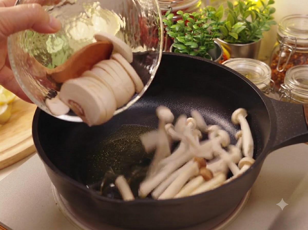 In Scheiben geschnittene weiße Champignons und Shimeji-Pilze rutschen aus einer Glasschüssel in eine geölte Pfanne.