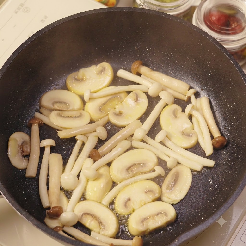 Gehackter Knoblauch wird mit einem Pfannenwender unter die angebratenen Pilze in einer Pfanne gerührt.