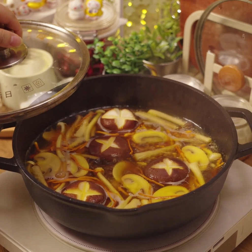Ein Glasdeckel wird auf die Pfanne mit der köchelnden Pilzsuppe gelegt.