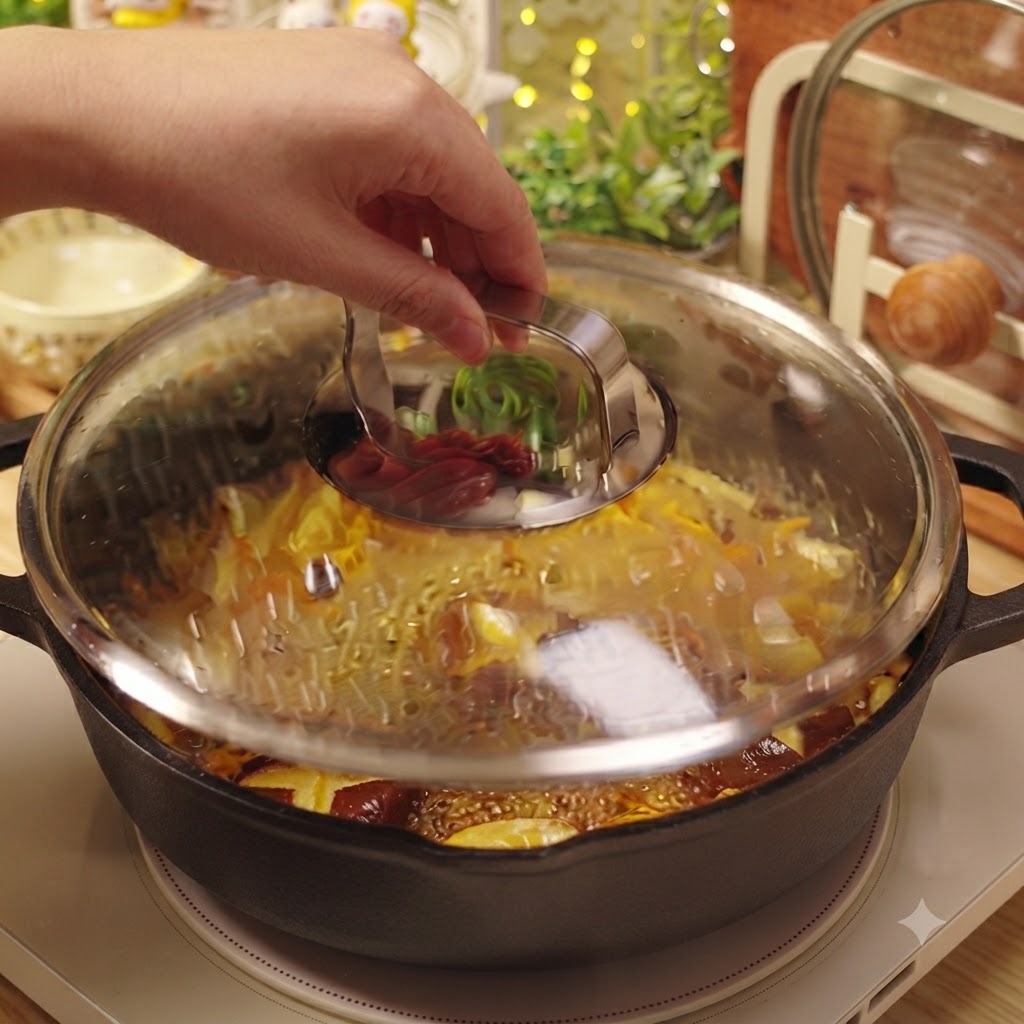 Der Glasdeckel wird von einer mit blubbernder Pilzsuppe gefüllten Pfanne abgenommen.