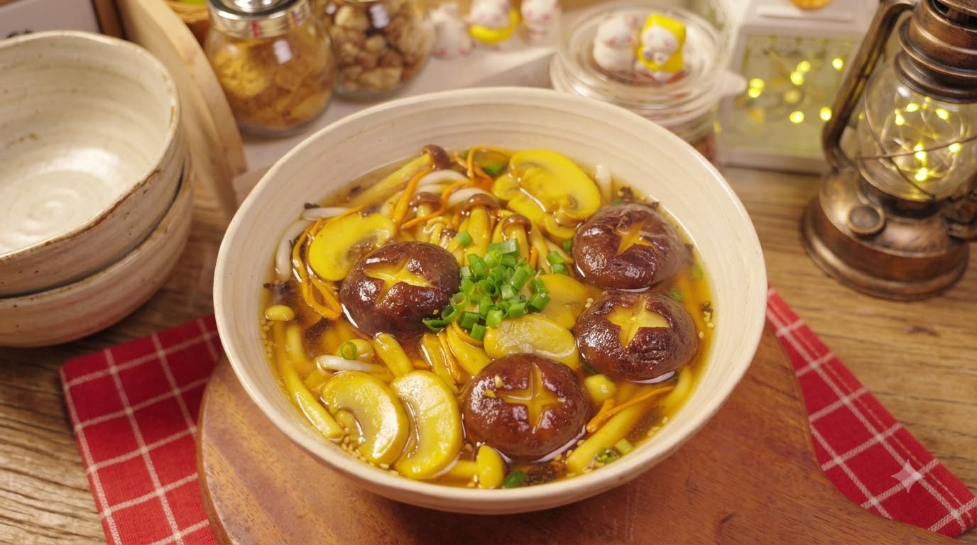 Frische Pilz-Nudelsuppe mit Kräuterseitlingen und Cordyceps