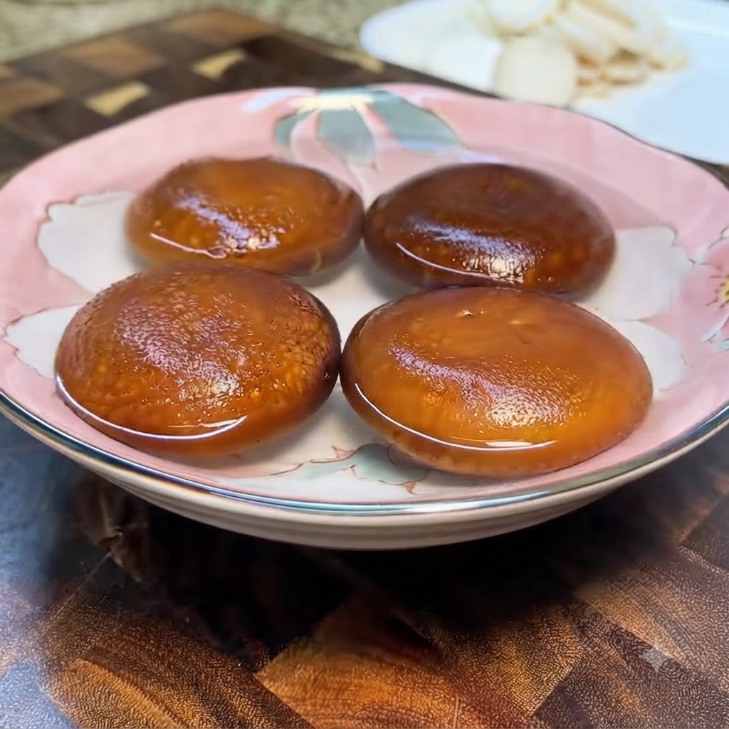 Ganze Shiitake-Pilze liegen auf einem rosa Teller mit Blumenmuster und eingeschnitzten Mustern auf der Oberseite.