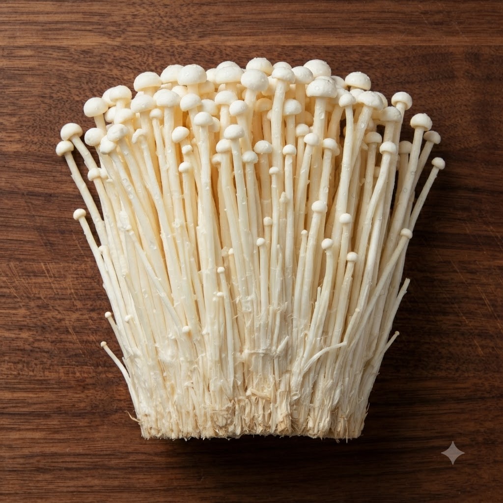 Ein frisches Bündel Enoki-Pilze liegt auf einem dunklen Holzschneidebrett mit abgeschnittenen Wurzeln.