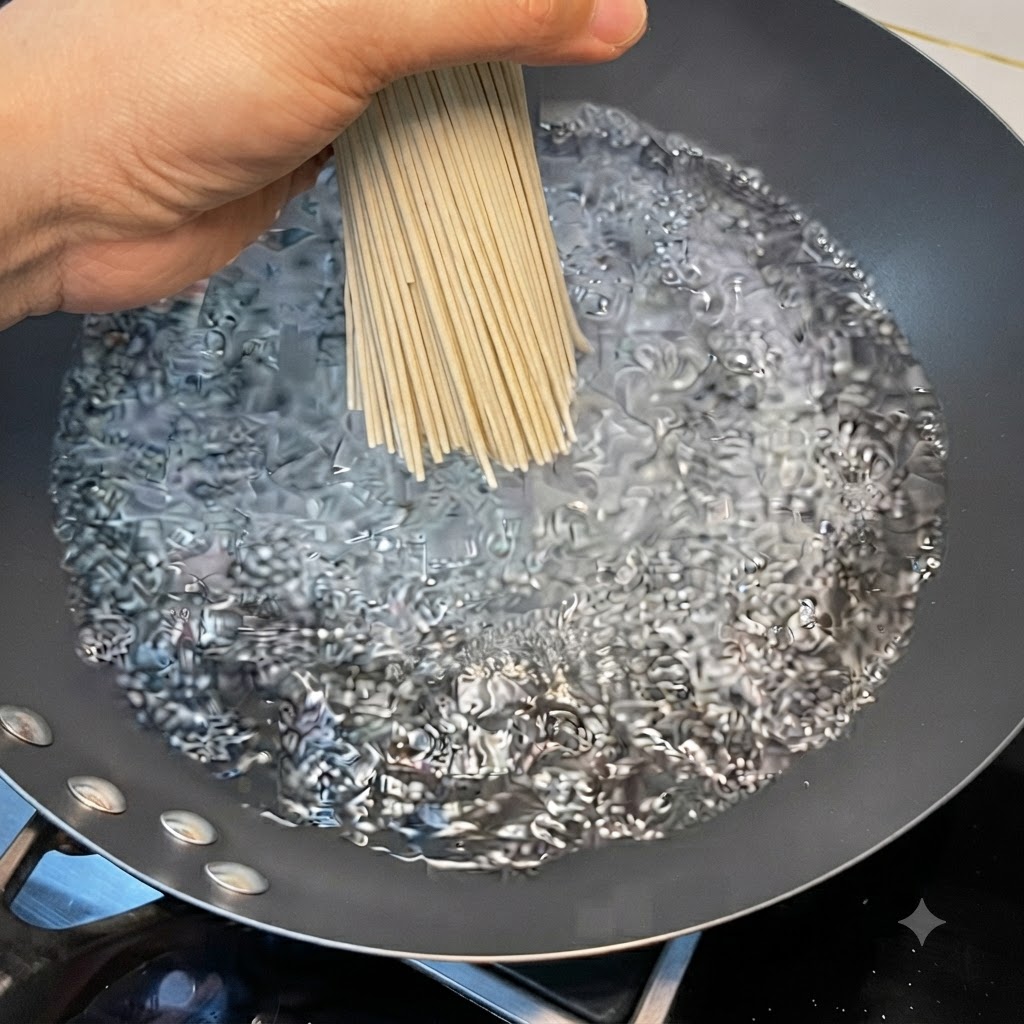 Ein Bündel trockene Nudeln wird in einen separaten Topf mit kochendem Wasser gegeben.