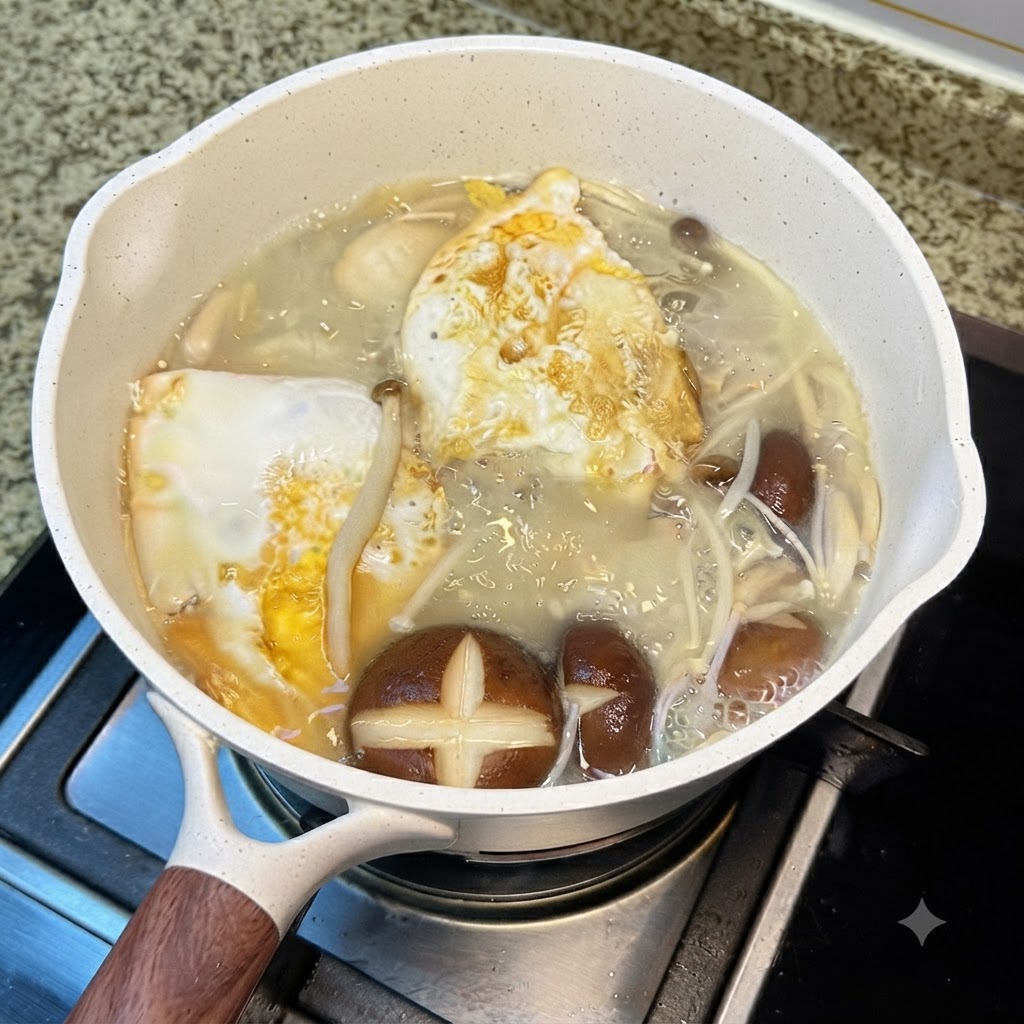Ein kleiner Löffel fügt weißes Salz in die köchelnde Suppe mit Pilzen und Spiegeleiern in einem weißen Keramiktopf hinzu.