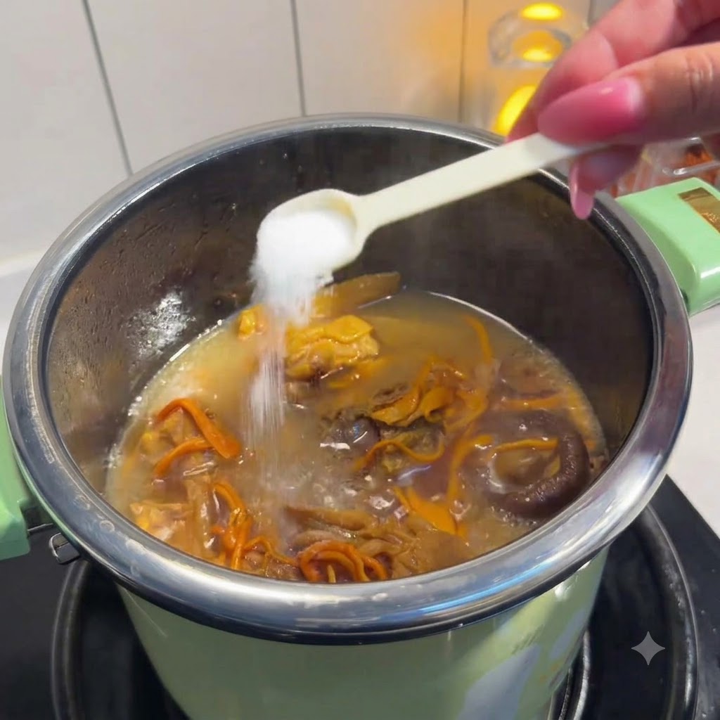 Ein kleiner weißer Löffel gibt Salz in einen köchelnden Hähnchen-Pilz-Topf.