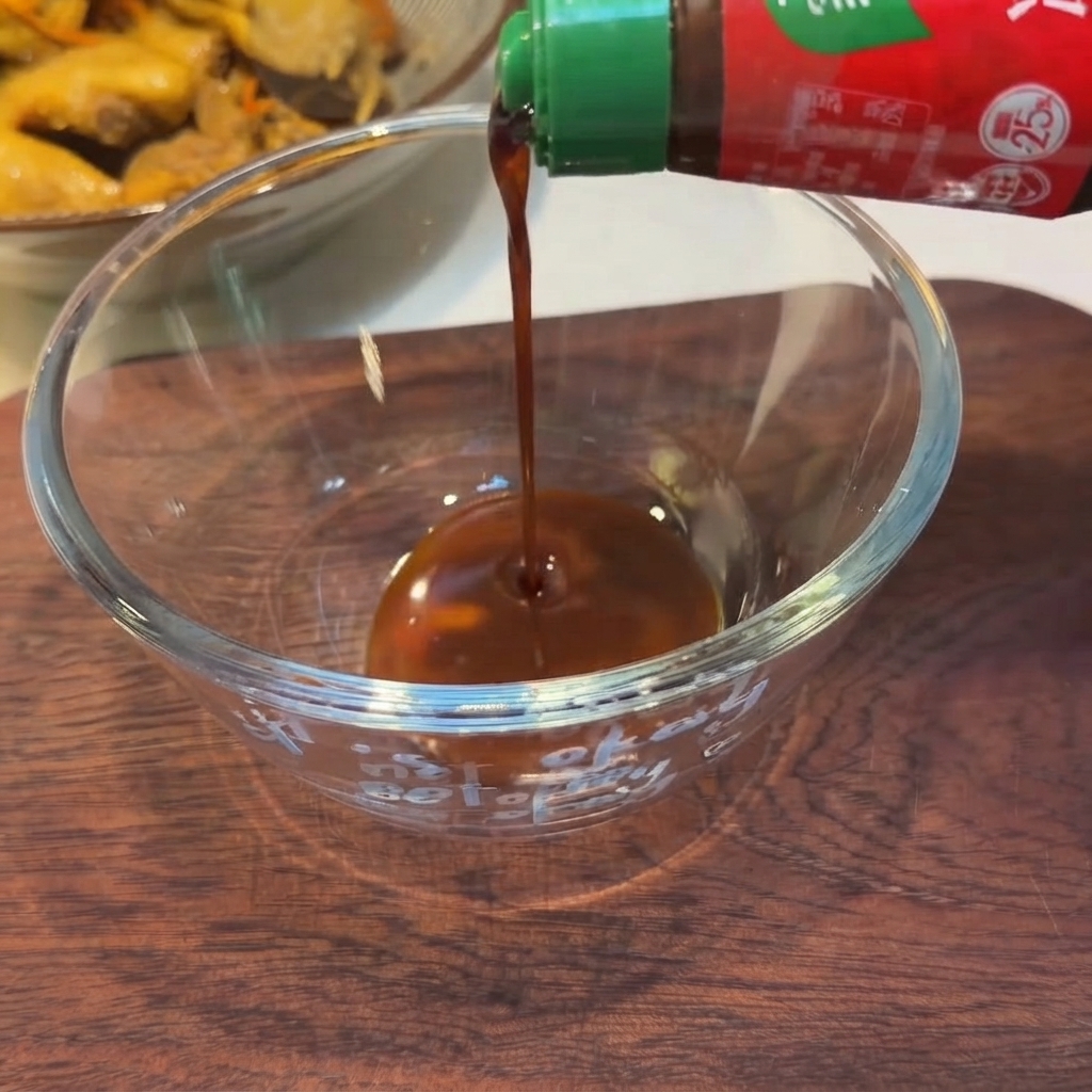 Dunkle Soße wird aus einer Flasche mit grünem Verschluss in eine klare Glasschüssel gegossen.