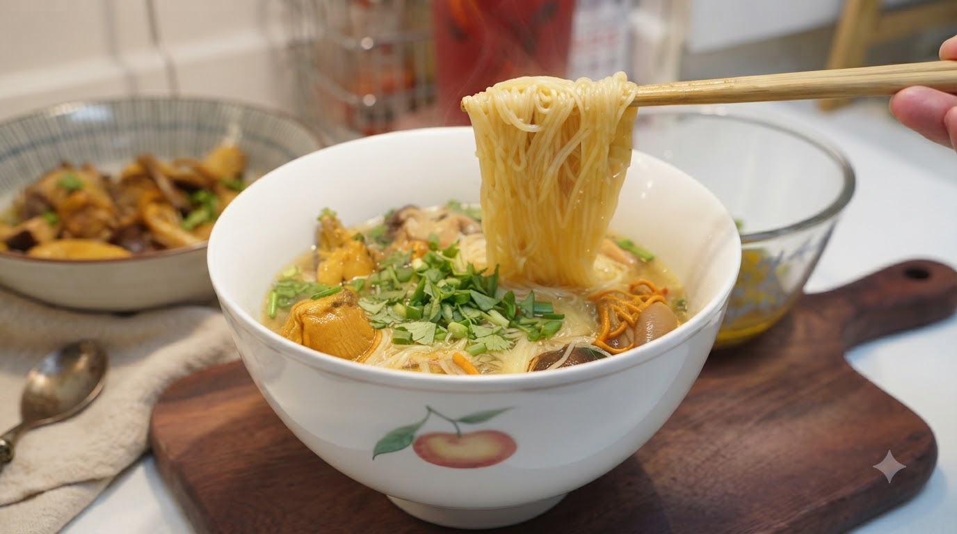 Eine Schüssel Hähnchen-Pilz-Suppennudeln, garniert mit frischen Kräutern und mit Stäbchen angehoben