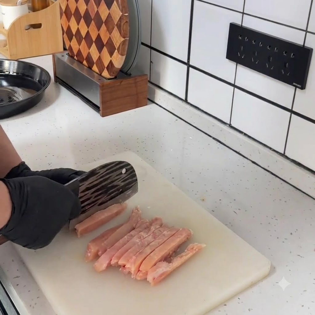 Nahaufnahme von kleinen, frisch gewürfelten rohen Hähnchenwürfeln, ordentlich angeordnet auf einem weißen Schneidebrett neben einem Hackmesser.