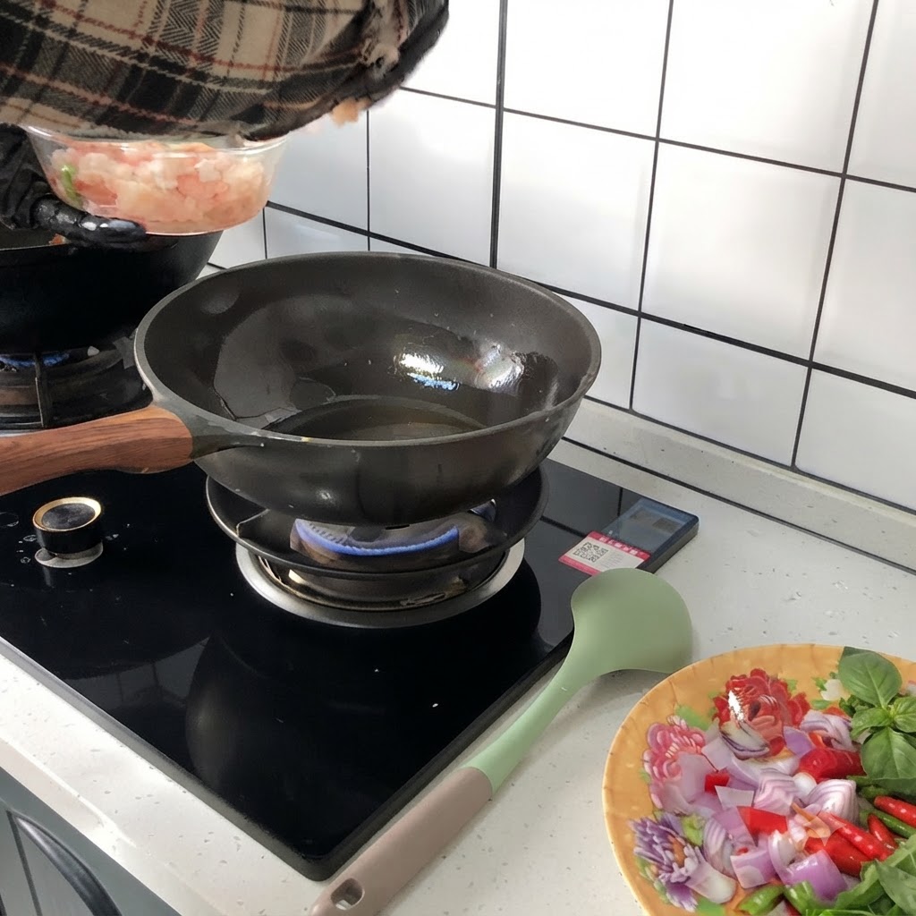 Rohe Hähnchenstücke werden aus einer klaren Schüssel in einen heißen, geölten Wok auf einem Gasherd gegeben.