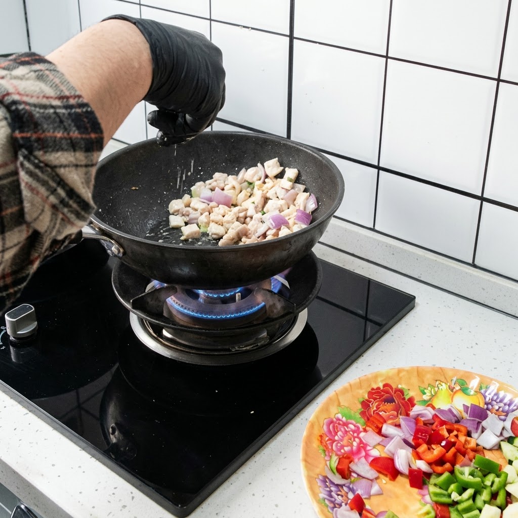 Hähnchen- und Zwiebelstücke werden in einem Wok mit aktiven Flammen unter dem Brenner angebraten.