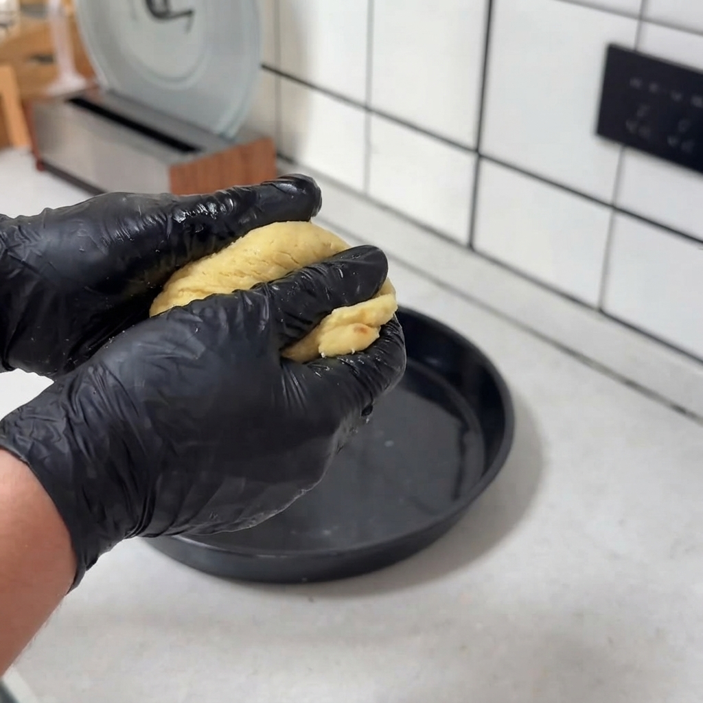 Bewege Hände dehnen und flachen eine Kugel gelben Pizzateig direkt in einer runden schwarzen Pizzabackform ab.