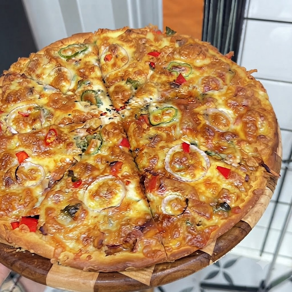 Geriebener Mozzarella-Käse wird großzügig über einen gebackenen Pizzaboden mit Hähnchen-Gemüse-Mischung in einer runden Backform gestreut.