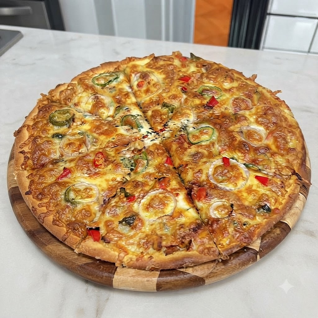 Nahaufnahme von roten Zwiebelringen und grünen Jalapenoscheiben, ordentlich auf einer mit Käse bedeckten Pizza angeordnet.