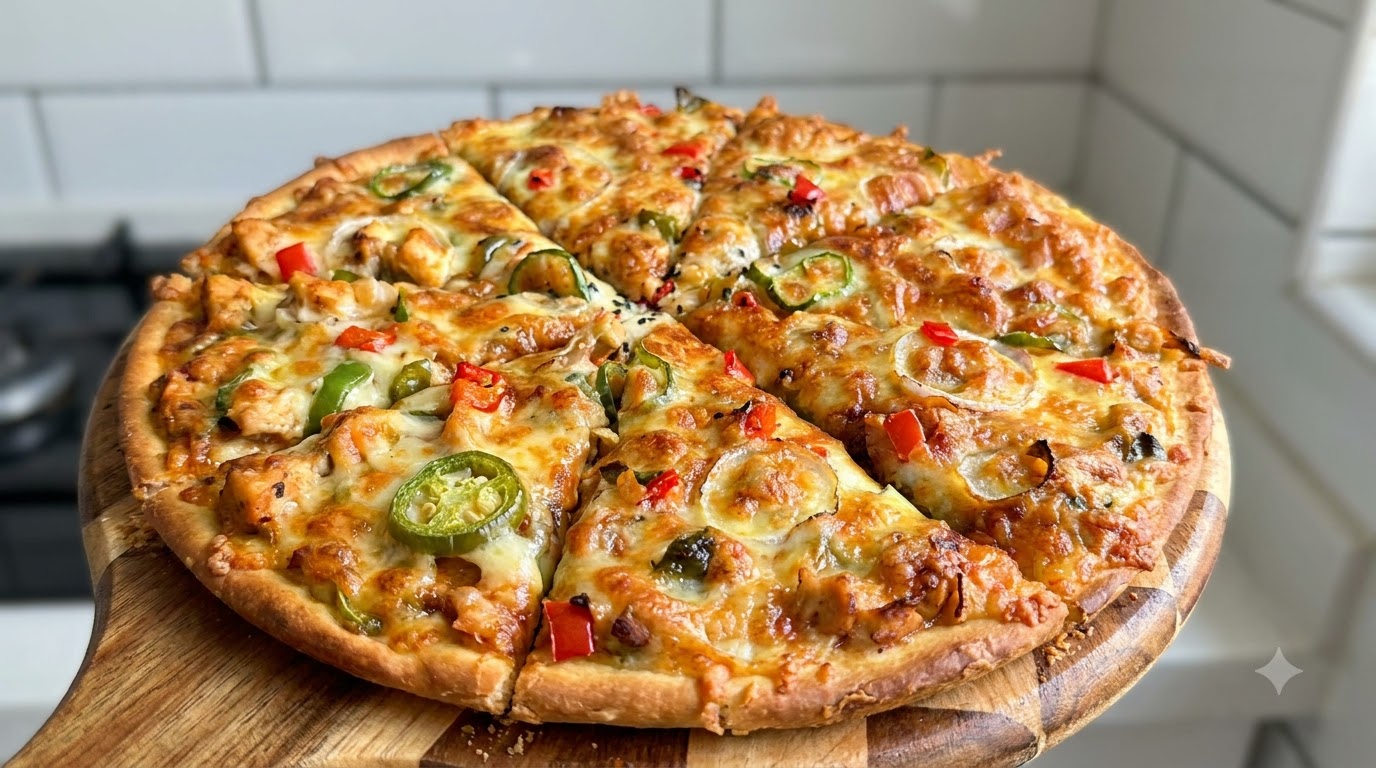Eine frisch gebackene Hähnchen-Pizza in Dreiecke geschnitten auf einem Holzbrett, belegt mit geschmolzenem Käse, Paprika und Jalapenos