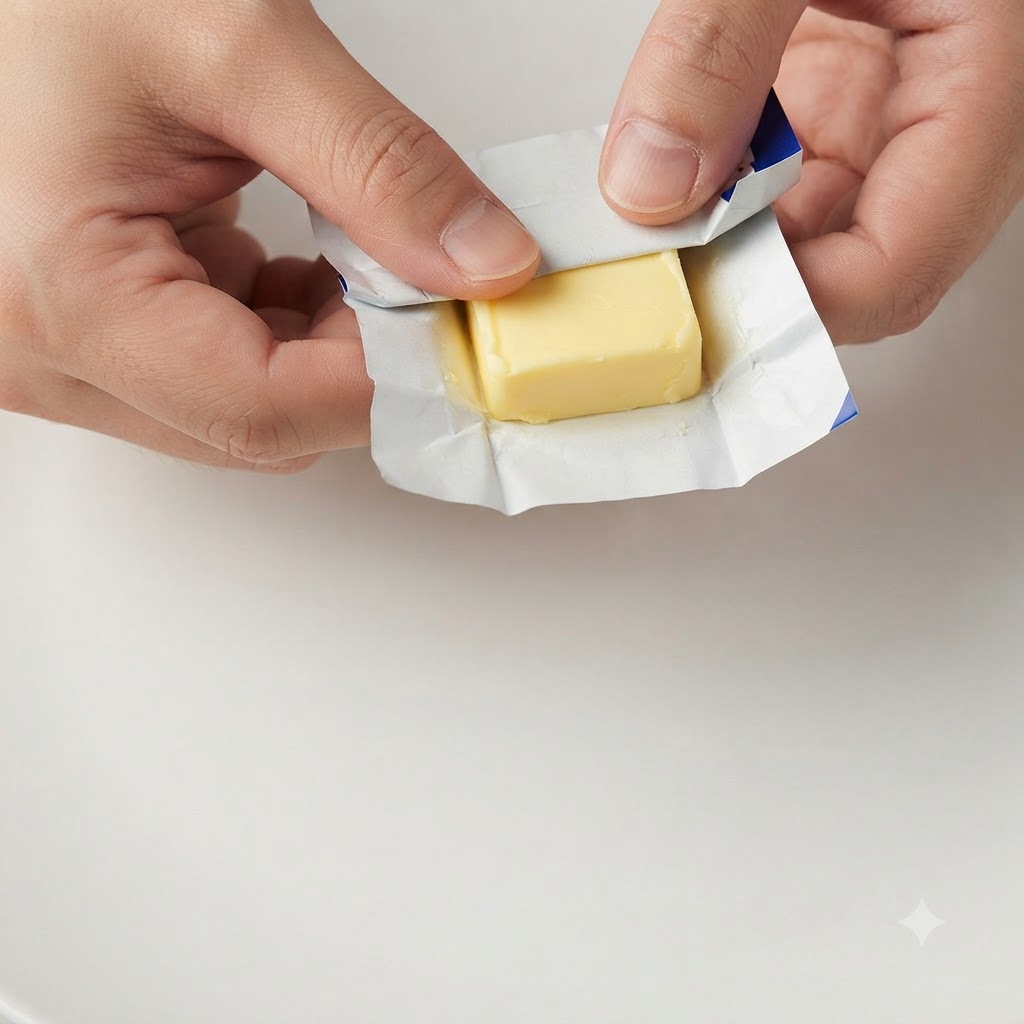 Hände ziehen die Folienverpackung von einem Stück Butter über einer weißen Oberfläche ab.