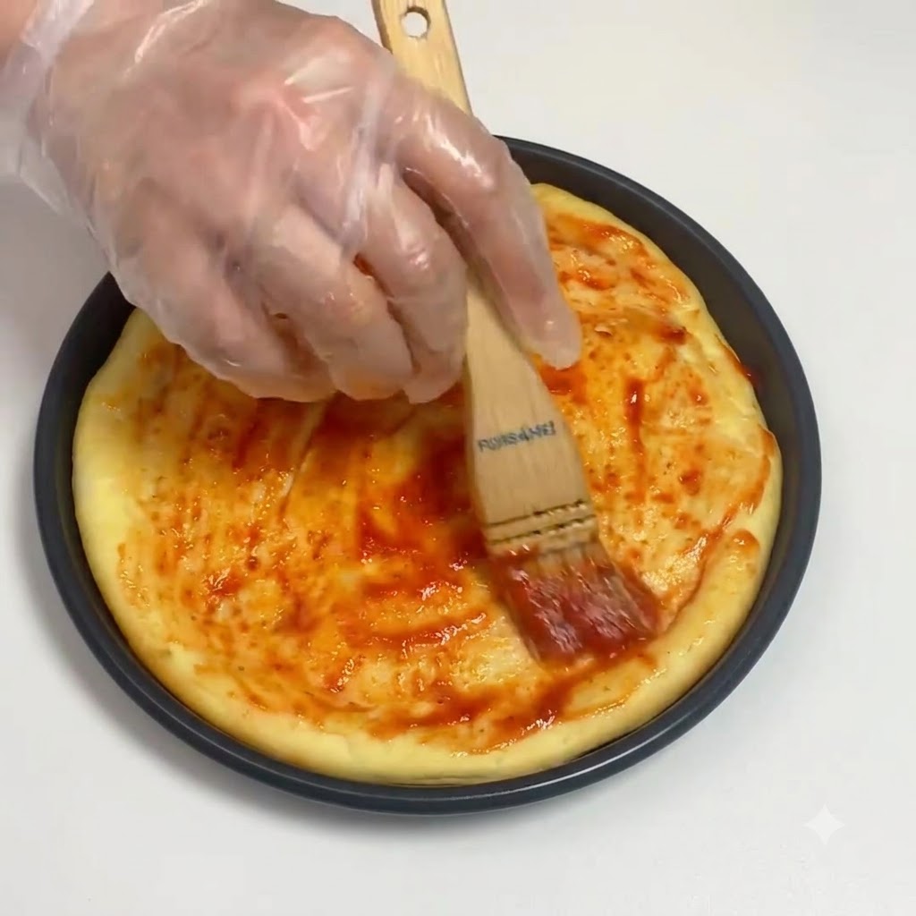 Eine handgeschmückte Hand verwendet einen Backpinsel aus Holz, um Tomatensoße gleichmäßig über einen runden Pizzaboden zu verteilen.
