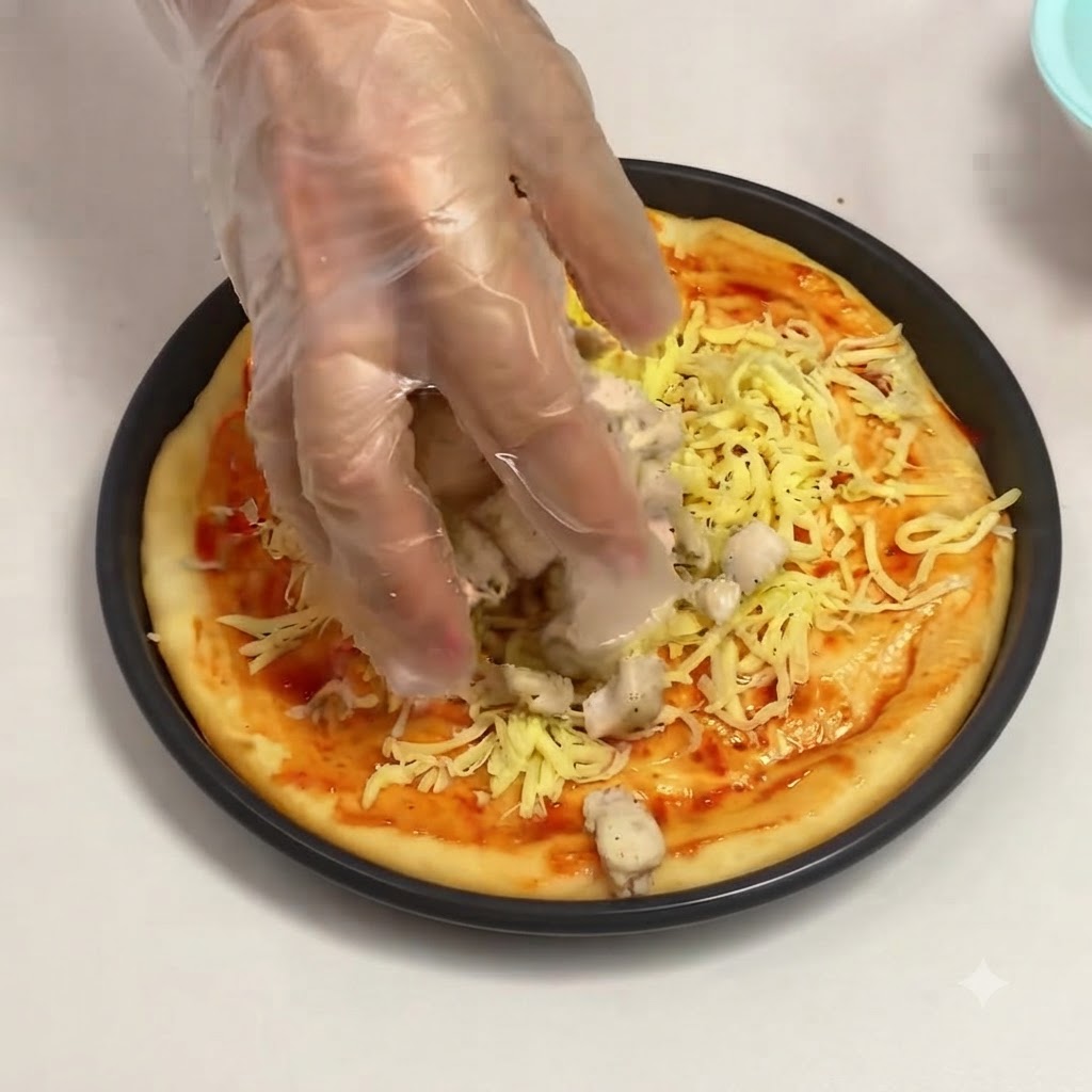 Behandschuhte Hand platziert angebratene Hähnchenbruststücke über der Käseschicht auf einem Pizzateig.