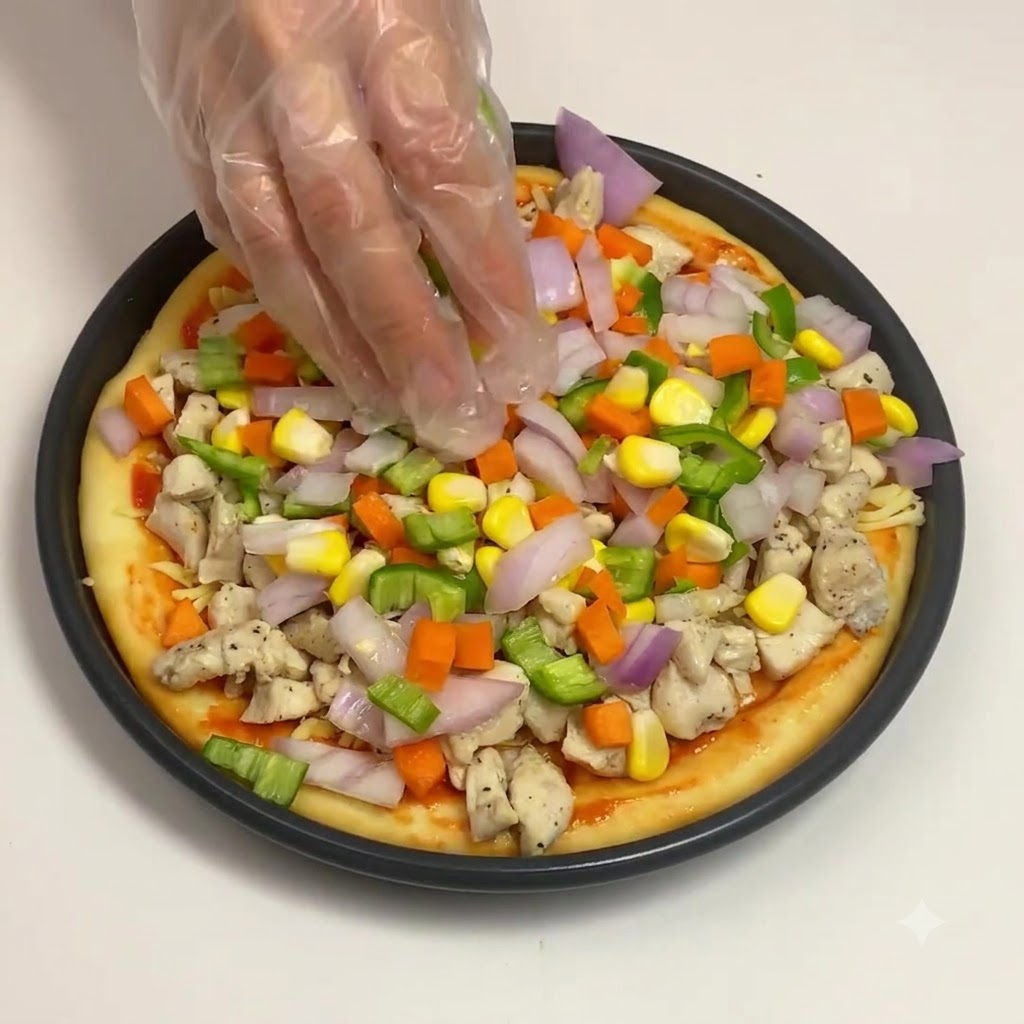 Behandschuhte Hand streut eine bunte Mischung aus gehackten Zwiebeln, Karotten, Paprika und Mais über den Hähnchenbelag.