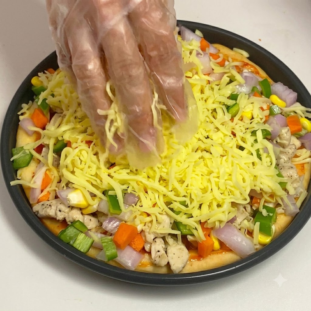 Behandschuhte Hand verteilt eine dicke Schicht geriebenen Mozzarella-Käses über der Oberseite des Pizzabelags.