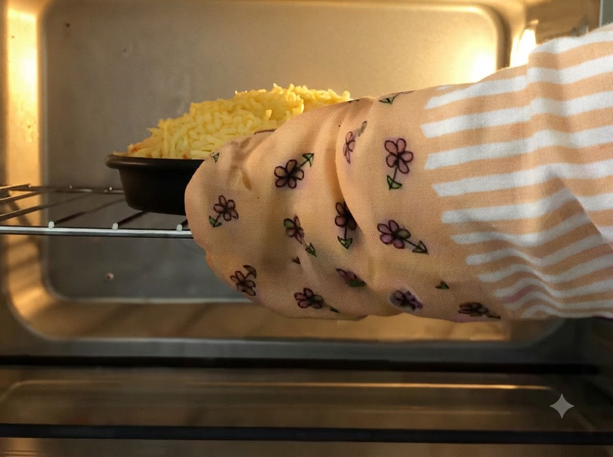 Hand mit blumenem Ofenhandschuh schiebt eine Pizzapanne in ein vorgeheiztes Ofengestell.