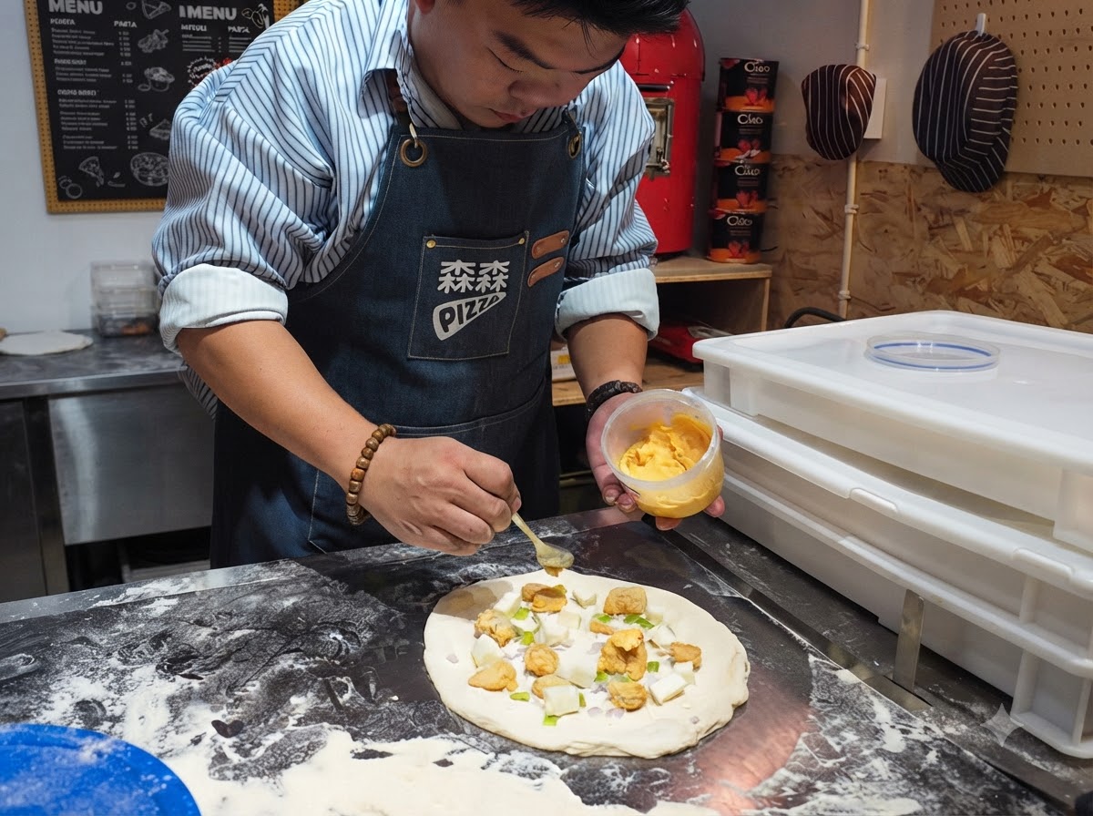 Ein Löffel schöpft und verteilt hellgelbe Eigelbsauce über den geschichteten Pizzabelag.