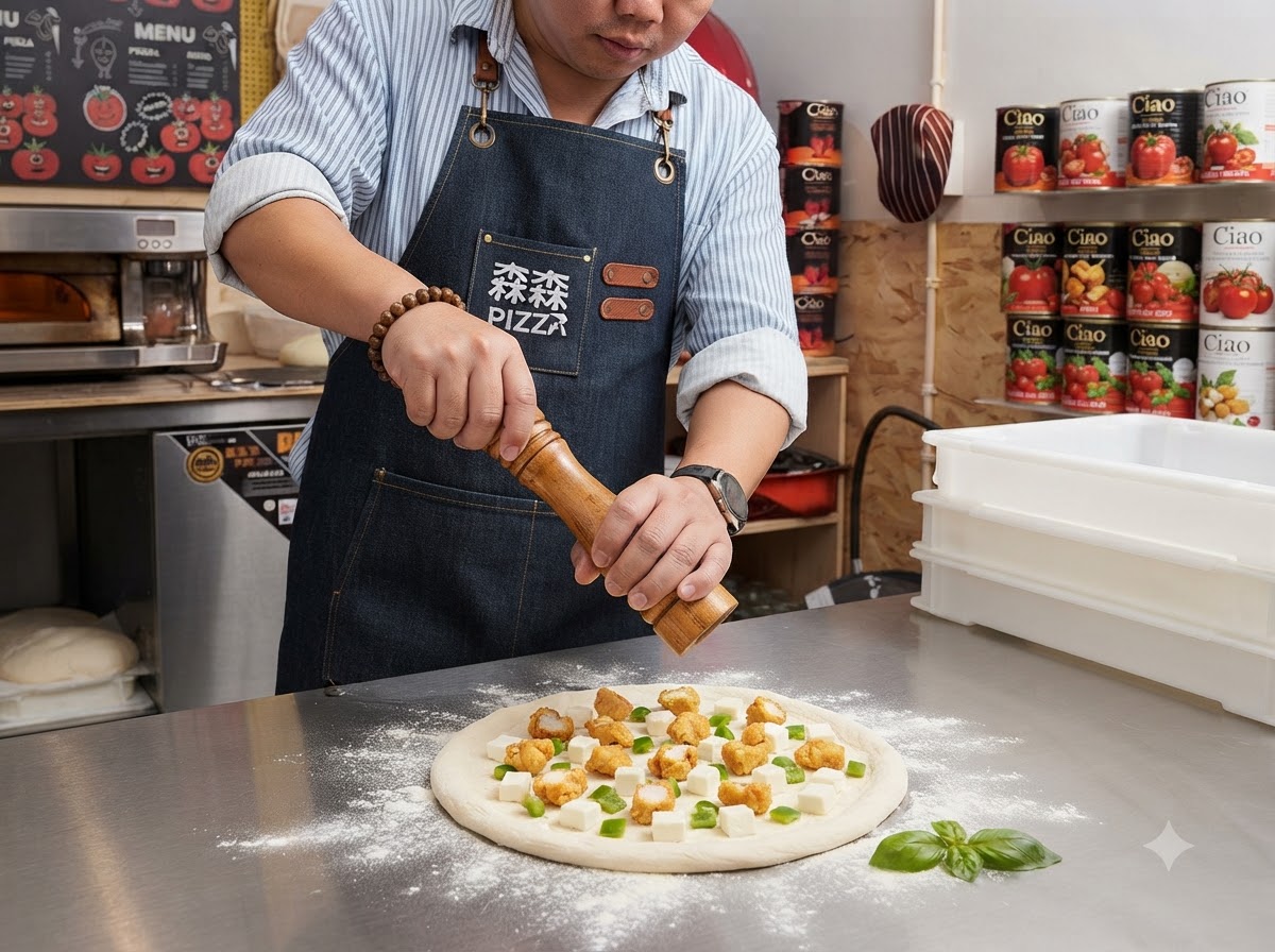 Eine Hand dreht eine hölzerne Pfeffermühle über der zusammengestellten Pizza, um eine Schicht schwarzen Pfeffer hinzuzufügen.