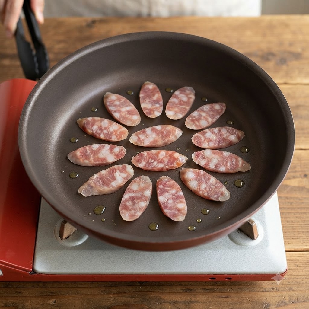 Wurstscheiben in kreisförmiger Anordnung in einer Bratpfanne mit Öltropfen.