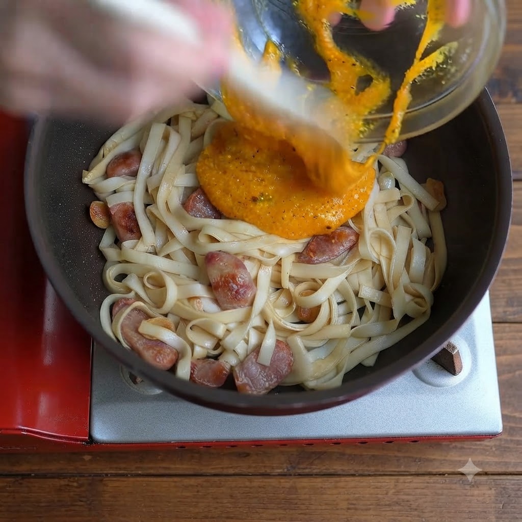 Dickflüssige goldene Eier- und Käsesoße wird aus einer Glasschüssel in eine Bratpfanne mit breiten Nudeln und geschnittener Wurst gegossen.