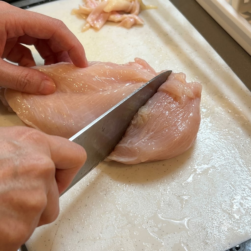Ein Messer sticht Löcher in eine rohe Hähnchenbrust auf einem Schneidebrett.