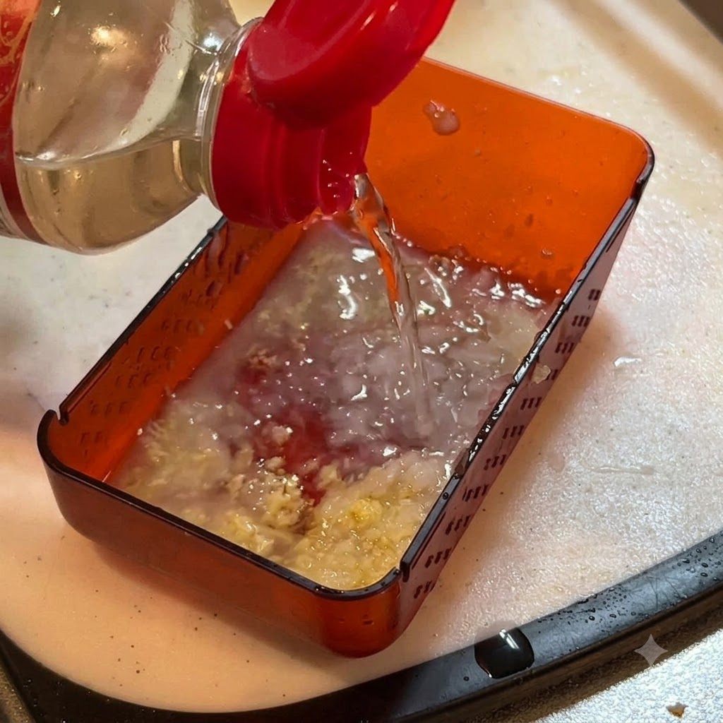 Flüssige Würze wird aus einer Flasche in einen Behälter mit geriebenem Ingwer und Zwiebel gegossen.