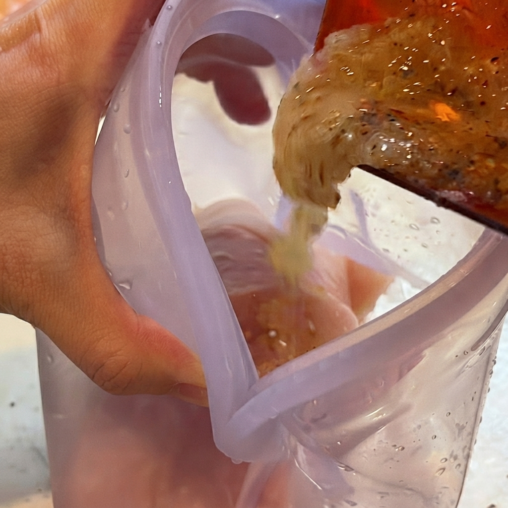 Marinade wird aus einem roten Behälter in einen lila Beutel mit rohem Hähnchen gegossen.