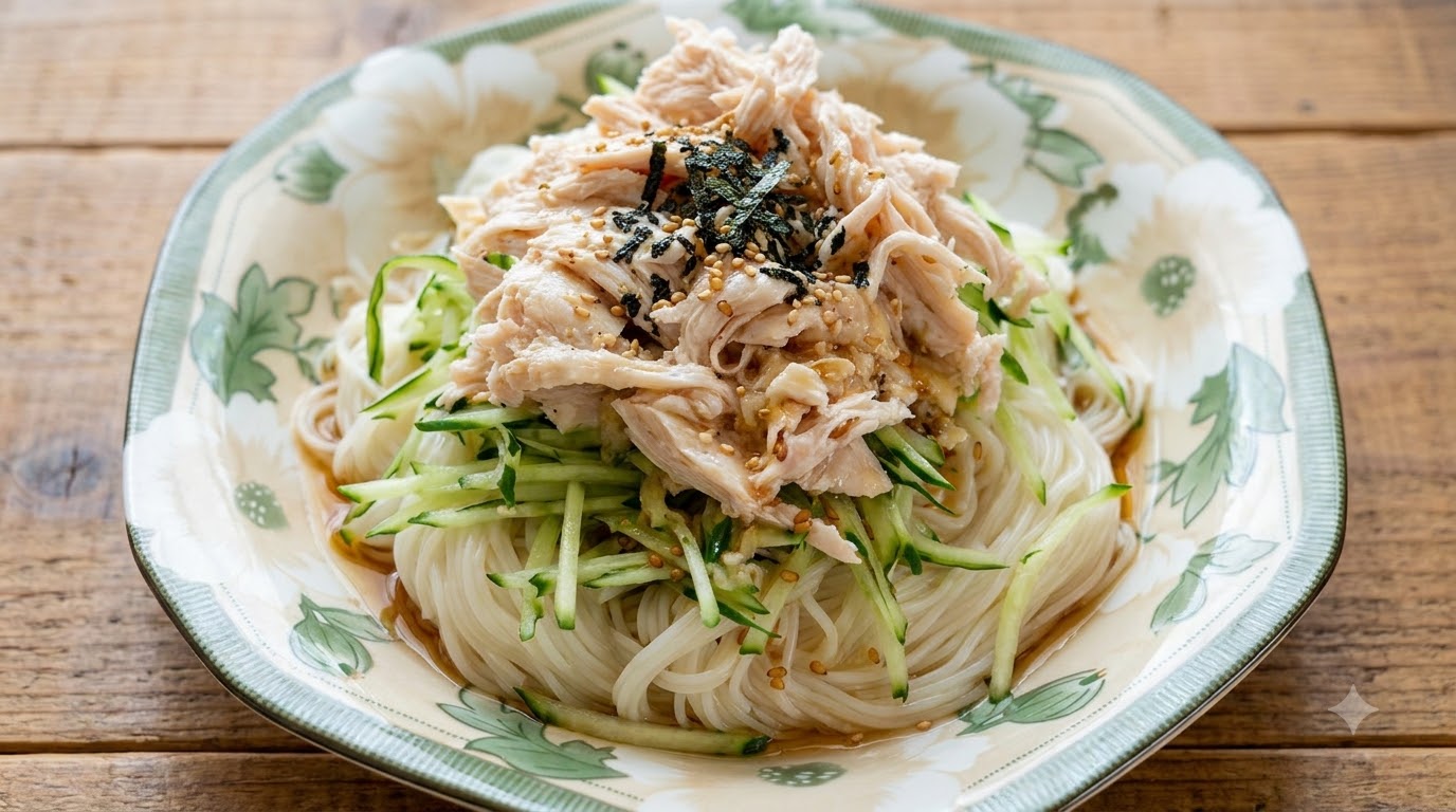 Ein Keramikteller mit japanischen kalten Somen-Nudeln, garniert mit knackigen Gurkenstreifen, zartem Hähnchenfleisch, Sesam und Nori