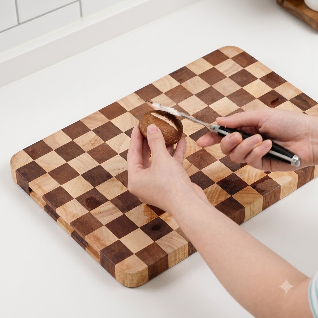 Ein Paar Hände ritzt ein dekoratives Kreuz in die Oberseite eines braunen Shiitake-Pilzes auf einem Schneidebrett.