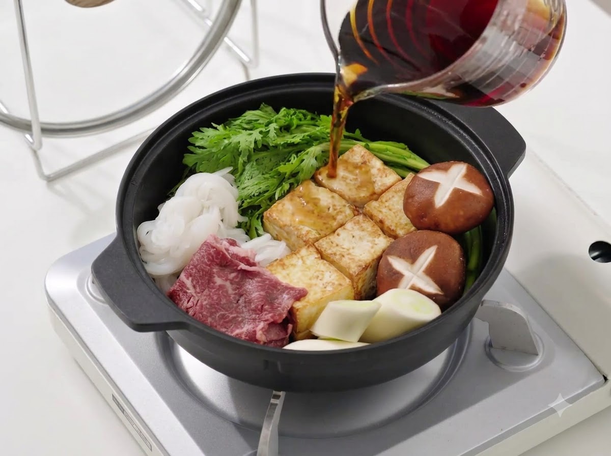 Dunkelbraune Sukiyaki-Sauce wird aus einem Glasmessbecher in einen mit Zutaten gefüllten Topf gegossen.